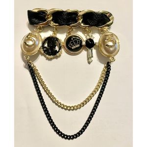 Brooch Pin Faux Leather through Gold Chain with Charms